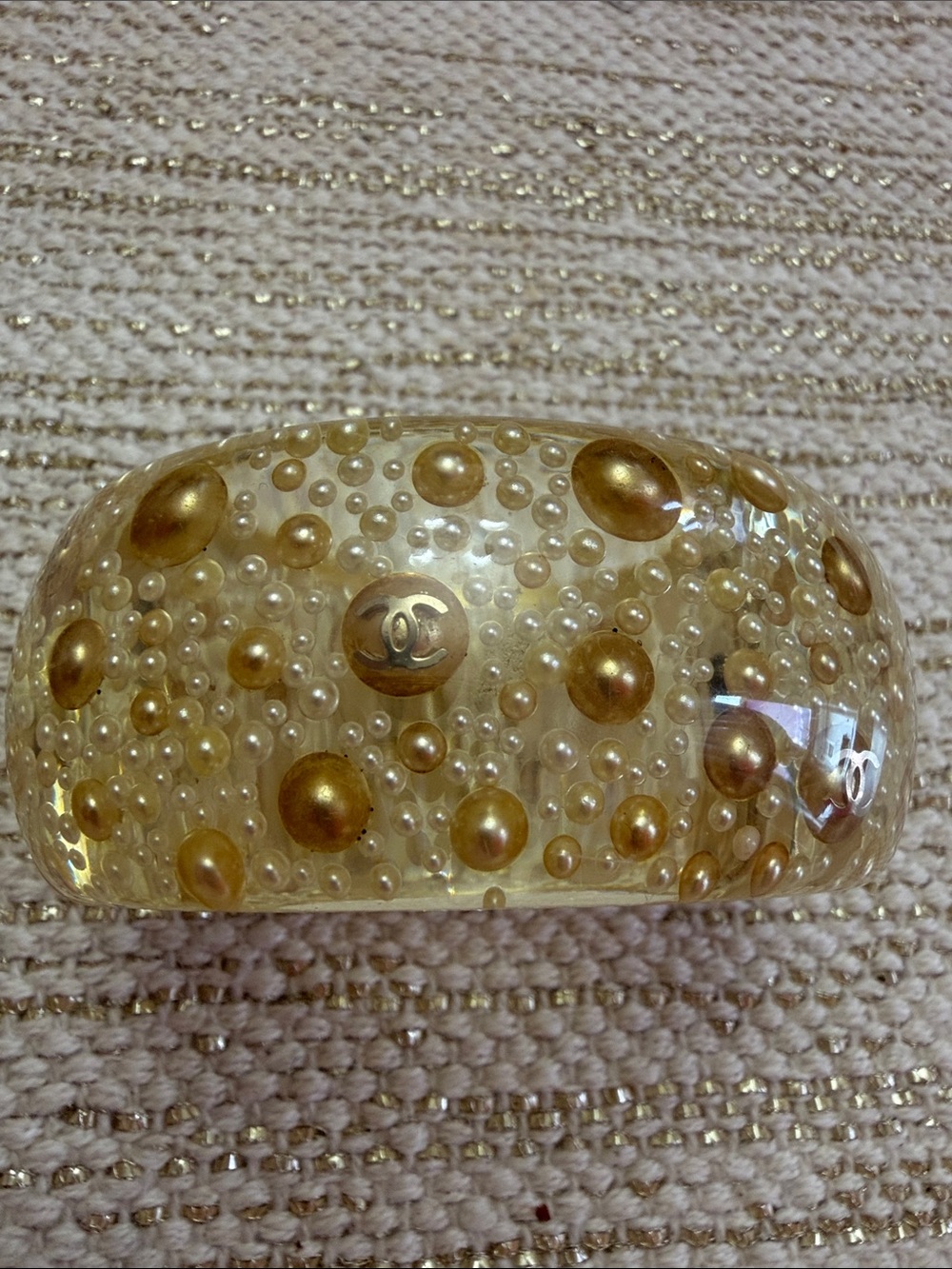 Chanel Lucite Pearl CC Wide Cuff Bangle Bracelet